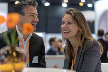 a post-fair gathering as people wearing business casual attire share smiles and laughter while conversing at an exhibition booth. Captured candidly with a wide-angle lens.