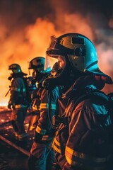 Wall Mural - Professional Photography of a firefighter team responding to a late-night emergency call, bravely battling flames to save lives and property, Generative AI