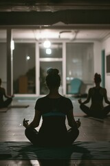 Wall Mural - Professional Photography of a late-night yoga class in a dimly lit studio, participants finding peace and relaxation amidst the hustle, Generative AI
