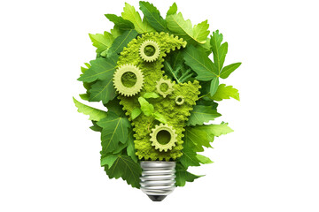 Wall Mural - Light bulb with green leaves and gears mechanism isolated on transparent background