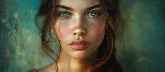 Wall Mural - Young female with natural freckles on her facial skin standing in the sunlight