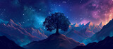 Fototapeta  - night sky in mountains with a big tree in the middle