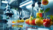 a biotech lab developing edible vaccines within genetically modified fruits, highlighting lab equipment and fruit samples 32k,