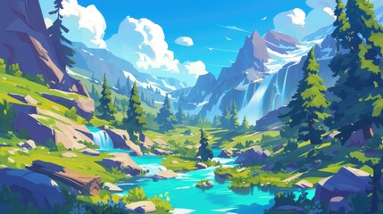 Sticker - Enhance your game with a captivating 2d cartoon landscape featuring a majestic waterfall towering mountains and lush pine trees an essential game asset that brings to life a scenic scene of