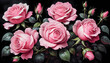 Illustration of vintage pink roses on black background