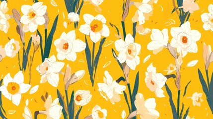 Wall Mural - Delicate white narcissus flowers form a pattern against a vibrant yellow backdrop in this charming hand drawn 2d illustration