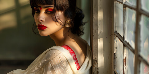 Poster - beautiful Bengali woman wearing a white saree with a red border, generative AI