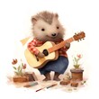 Hedgehog playing guitar. Watercolor illustration on white background.
