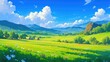 Capture the serene beauty of a springtime rural landscape featuring lush green fields under a clear blue sky with fluffy clouds and a majestic mountain in the background This charming scener