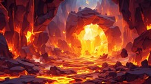 Immerse Yourself In A Fantastical World Where Fiery Lava Flows Through A Rocky Cave Creating A Hellish Backdrop Like No Other This Stunning Fantasy Landscape Features Molten Magma Cascading 