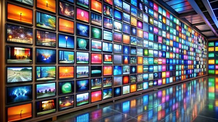 wall of televisions displays colorful broadcasts, catering to diverse hobbies and tastes.