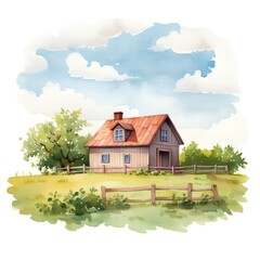 Wall Mural - Watercolor landscape with old farm house. Hand drawn illustration isolated on white background