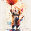 Joyful Pixelated Feline Frolicking with Bright Balloon in Vibrant Digital