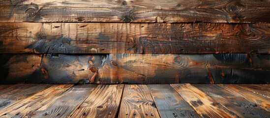 Wall Mural - Wooden floor and wall in close-up, showing the natural textures and patterns of the wood material