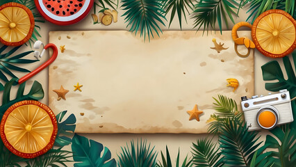 Tropical frame with blank background. Summer theme background. Copy space.