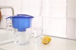 Water filter jug, glass and lemons on countertop in kitchen, space for text
