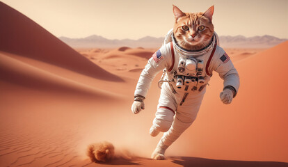 Wall Mural - a whimsical scene of a cat astronaut wearing a space suit, running through a vast red martian desert landscape