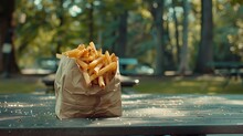 A Paper Bag Filled With Hot Fries, Its Exterior Stained With Grease, Sits Abandoned On A Park Picnic Table