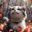 Adorable Kawaii Fluffy Cat Frolicking Amidst Autumn Leaves in Crisp Woodland Setting
