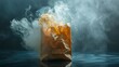 A paper bag filled with fast food, steam rising from the opening, condensation clinging to its sides