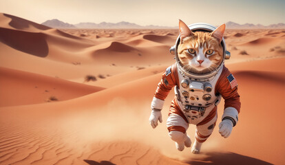 Wall Mural - a whimsical scene of a cat astronaut wearing a space suit, running through a vast red martian desert landscape