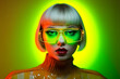 Striking portrait of woman with silver bob haircut in neon lighting