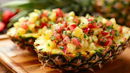 Pineapple boat filled with tropical fruit salsa