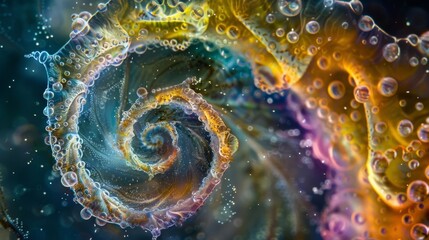 Wall Mural - Against a backdrop of vibrant colors microscopic plankton form a mesmerizing spiral shape almost like a galaxy in the depths of the