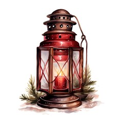 Watercolor illustration of a lantern with a burning candle on a white background