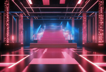 'render stage fashion background ultraviolet 3d spectrum pink neon laser lights glowing on abstract dots vibrant pixels colors reality isolated virtual show podium blue screen catwalk poduim'