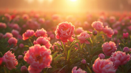 Poster - A field of pink flowers with a single pink flower in the middle