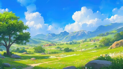 Wall Mural - Experience the vibrant beauty of a summer landscape where lush green grass flourishing bushes and towering trees adorn a meadow nestled at the base of majestic mountains This cartoon 2d pano