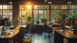 © samar - modern design room interior furniture office window desk bright chair workplace,A modern empty space for coworking, an office with furniture, computers, and green plants,A large office space
