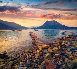 Canvas Print - Spectacular summer seascape of Mediterranean sea. Calm sunrise in Adrasan bay with view Moses Peak on background, Turkey, Asia. Traveling concept background.