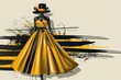 Yellow fancy dress for special event with decor. Vector Fashion illustration for online shop.