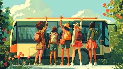 Illustration of a group of fashionably dressed women are waiting for the bus and happily waving towards the bus.