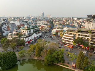 Wall Mural - Aerial drone view of Hanoi old quarter in Hoan Kiem district.