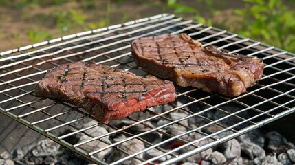 Wall Mural - Two juicy steaks cooking on a charcoal barbecue grill, with visible grill marks.