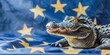 A detailed alligator figurine resting on a silky European Union flag.