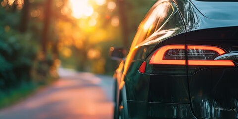 Close-up of a luxury car's glowing tail light during a vibrant sunset on a serene road.