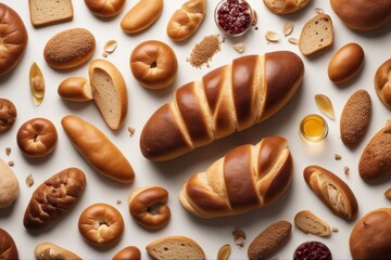 Wall Mural - 'creative layout made breads white background flat lay food concept assortment baguette baked bakery bread breakfast brown cereal closeup crunchy cut delicious diet different eat french fresh epicure'