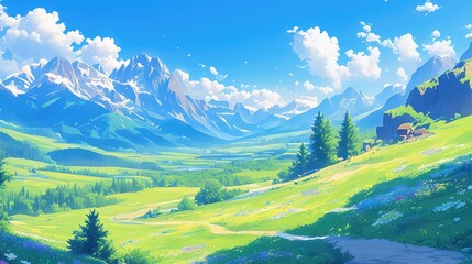 Wall Mural - Immerse yourself in a breathtaking mountain scenery featuring lush green hills a meandering sandy road and a pristine natural valley The backdrop is a picturesque tapestry of verdant fir tre