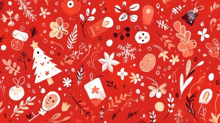 Poster - Celebrate the winter season with a charming and festive red card design featuring a stylish mix of New Year illustrations like abstract snowflakes floral patterns and cute doodles This eye c