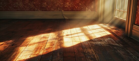 Wall Mural - Sunlight filters through window, casting shadow on brown hardwood flooring