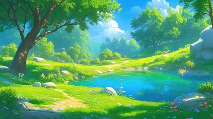 Wall Mural - a vibrant summer forest scene unfolds with a crystal clear lake nestled on a sunlit glade surrounded