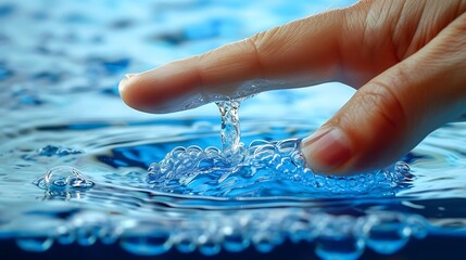 Poster - Generative AI : The finger touches the water, white and blue
