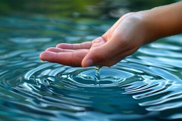 Poster - Generative AI : a hand touching water. Woman pouring water in hand