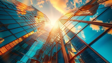 Poster - Generative AI : Moscow City skyscrapers, sun is reflecting on buildings' window, rich colors
