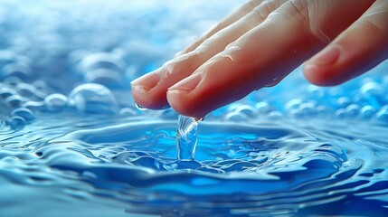 Poster - Generative AI : The finger touches the water, white and blue