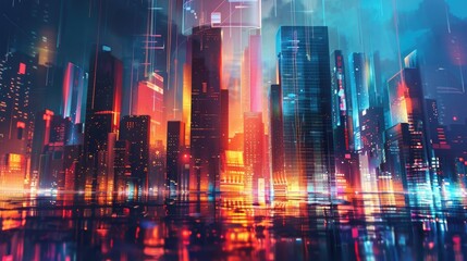 Wall Mural - futuristic cityscape with holographic skyscrapers